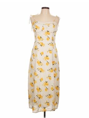 Kirious Los Angeles Lemon Print Midi Dress M Tie Strap Smocked Back Cottagecore